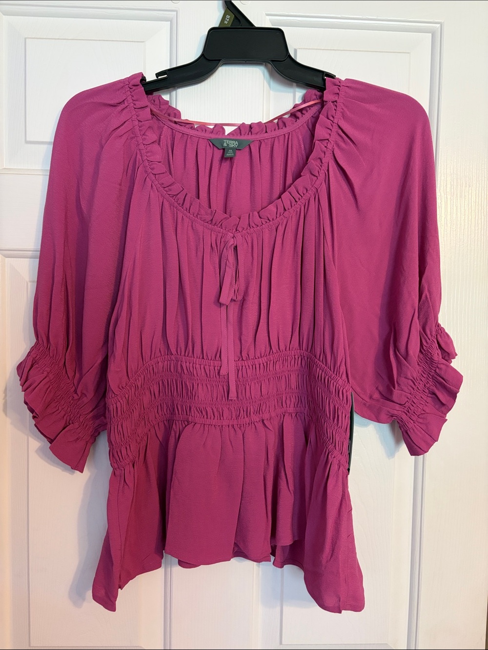Terra & Sky Top Plus Size 0X 14W Boho Smocked Peplum Purple NEW